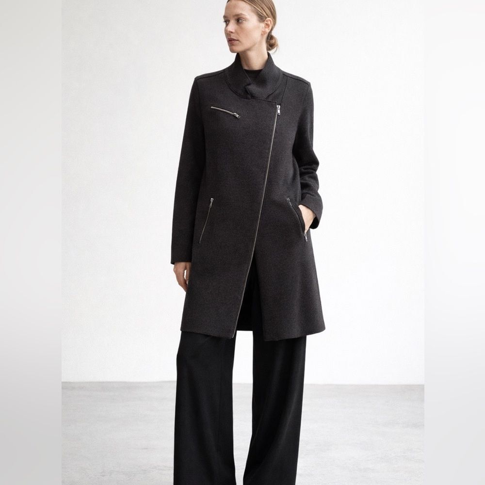Eileen Fisher Merino Wool Asymmetrical Zip Coat  Moto Jacket Charcoal Gray | M/L